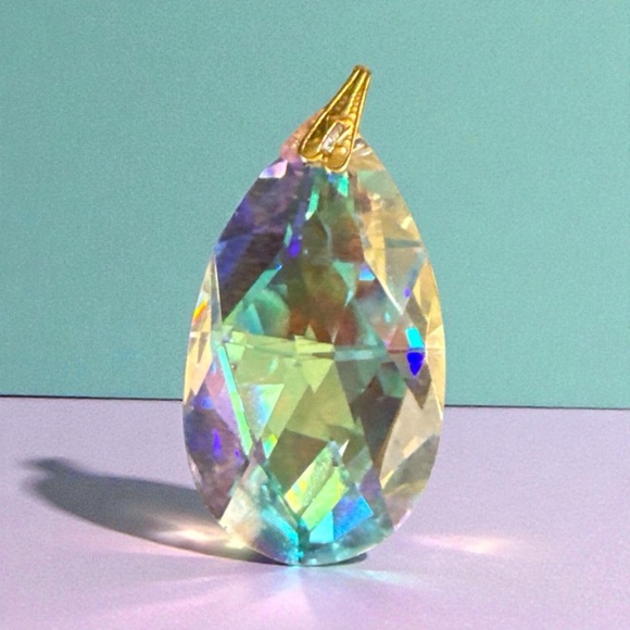 Jewelry - Large AB Iridescent Teardrop Crystal Pendant with Gold Tone Bail